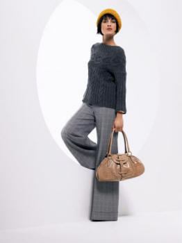 Wallis Limited Edition Range grey check wide leg trousers &pound;45 (65 Euros). Mustard knitted beret &pound;8 (12 Euros). Bag &pound;30 (44 Euros). Accessories from a selection at Wallis. 